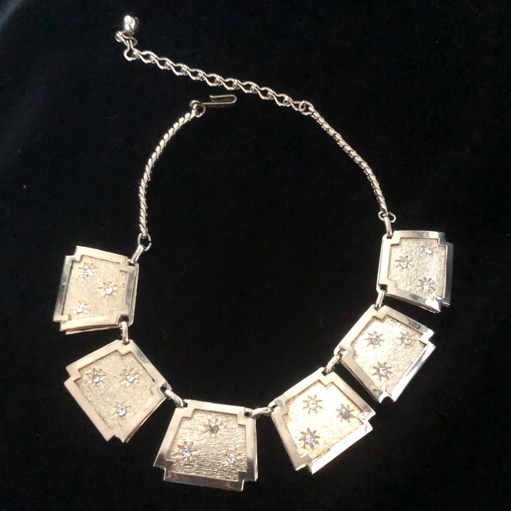 Vintage Leru statement chocker necklace jewelry gold tone rhinestones